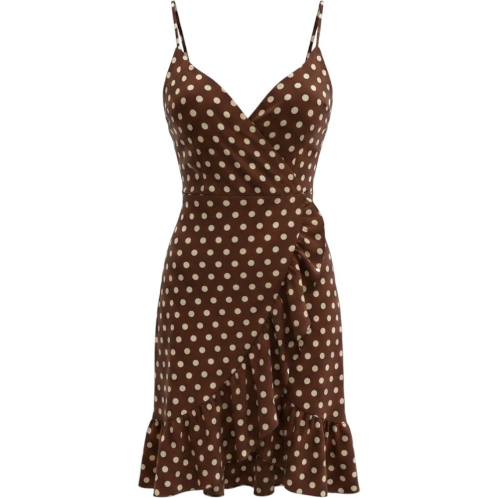 Sanctuary Brown White Polka Dot Faux Wrap High Low Slip Dress Sz 0 - Picture 2 of 14